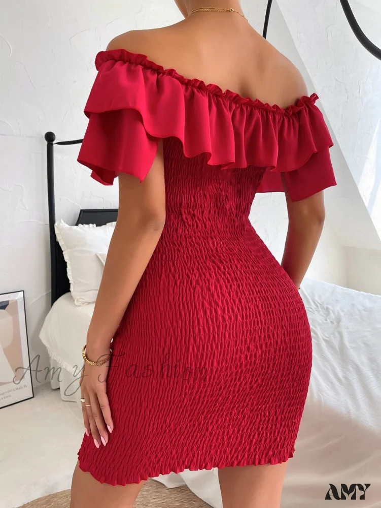 Amy Fashion - Tie Front Off Shoulder Ruffle Trim Shirred Bodycon Dress - Image 2