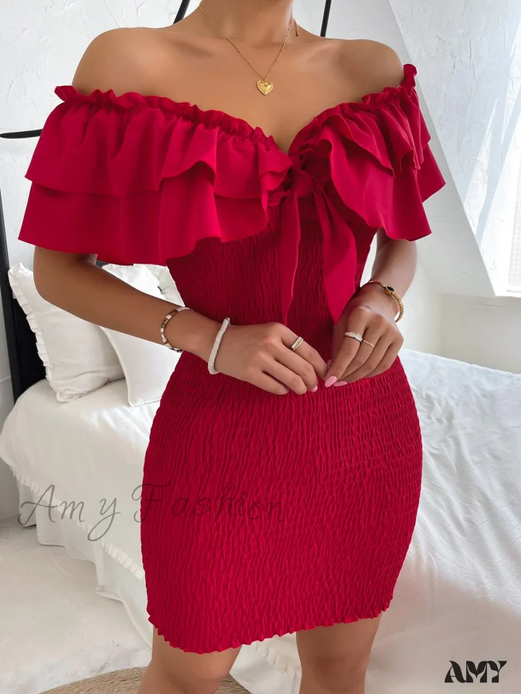 Amy Fashion - Tie Front Off Shoulder Ruffle Trim Shirred Bodycon Dress - Image 3