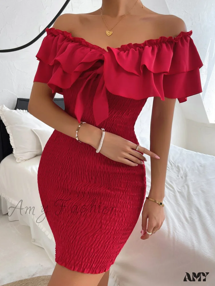 Amy Fashion - Tie Front Off Shoulder Ruffle Trim Shirred Bodycon Dress - Image 4