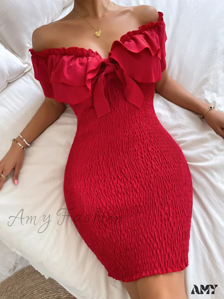 Amy Fashion - Tie Front Off Shoulder Ruffle Trim Shirred Bodycon Dress - Image 5