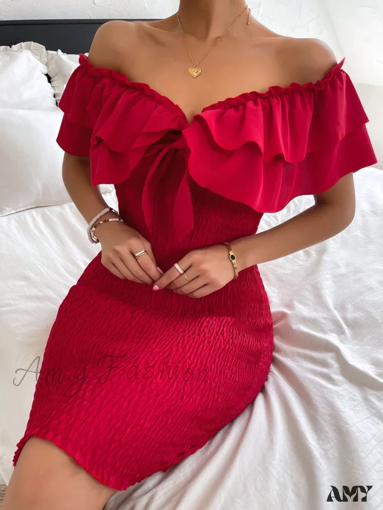 Amy Fashion - Tie Front Off Shoulder Ruffle Trim Shirred Bodycon Dress - Image 6