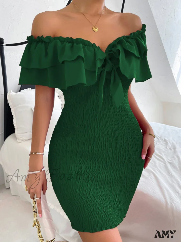 Amy Fashion - Tie Front Off Shoulder Ruffle Trim Shirred Bodycon Dress - Image 7