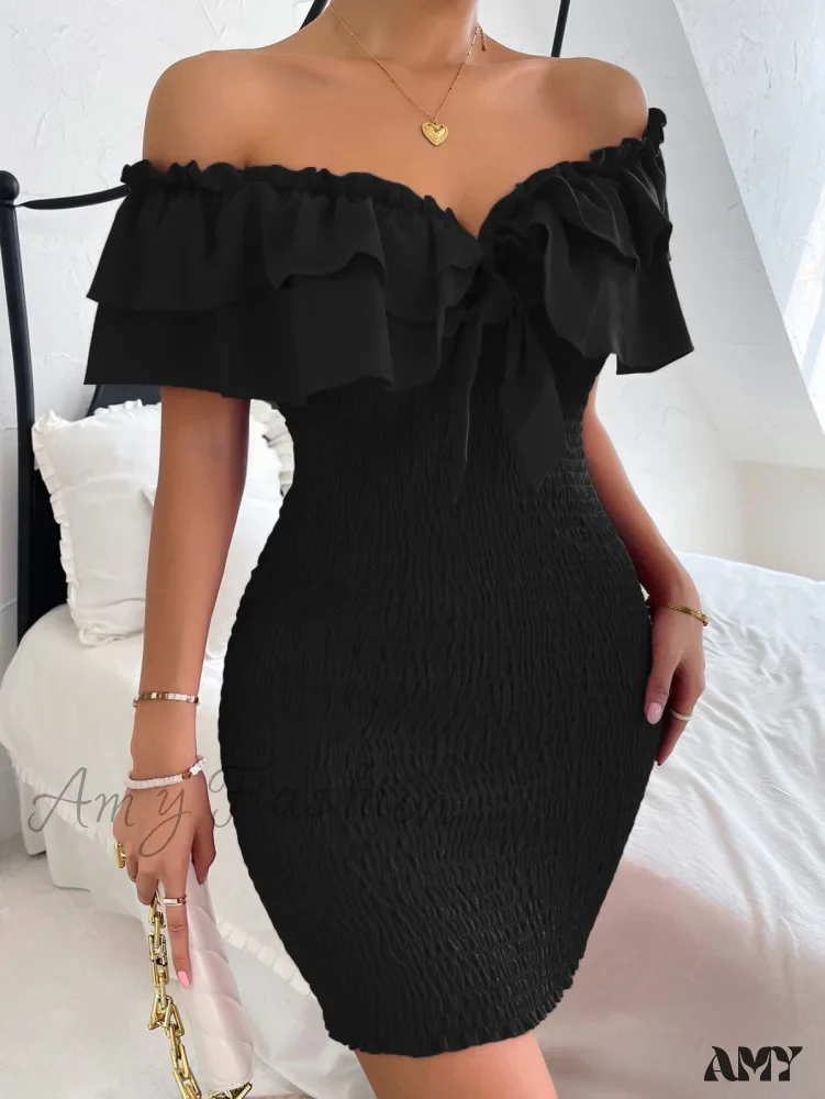 Amy Fashion - Tie Front Off Shoulder Ruffle Trim Shirred Bodycon Dress - Image 8