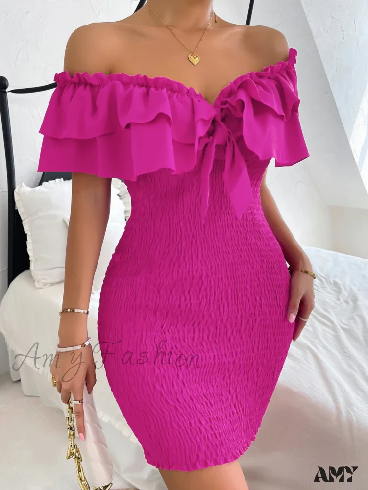 Amy Fashion - Tie Front Off Shoulder Ruffle Trim Shirred Bodycon Dress - Image 9