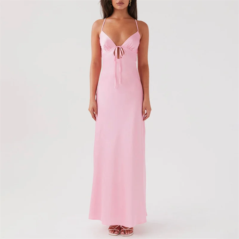 Tie Up Spaghetti Strap Solid Midi Dress