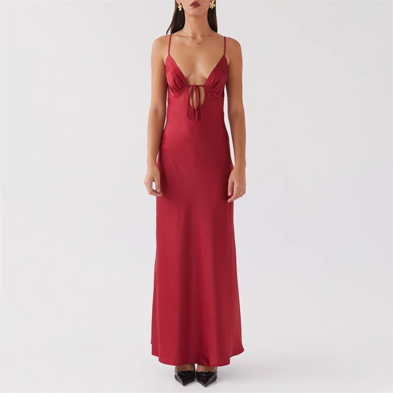 Tie Up Spaghetti Strap Solid Midi Dress - Image 4
