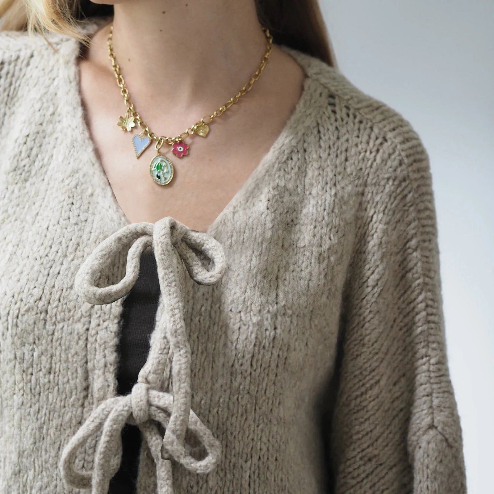 Tie-up V-neck Solid Loose Knit Cardigan - Image 2