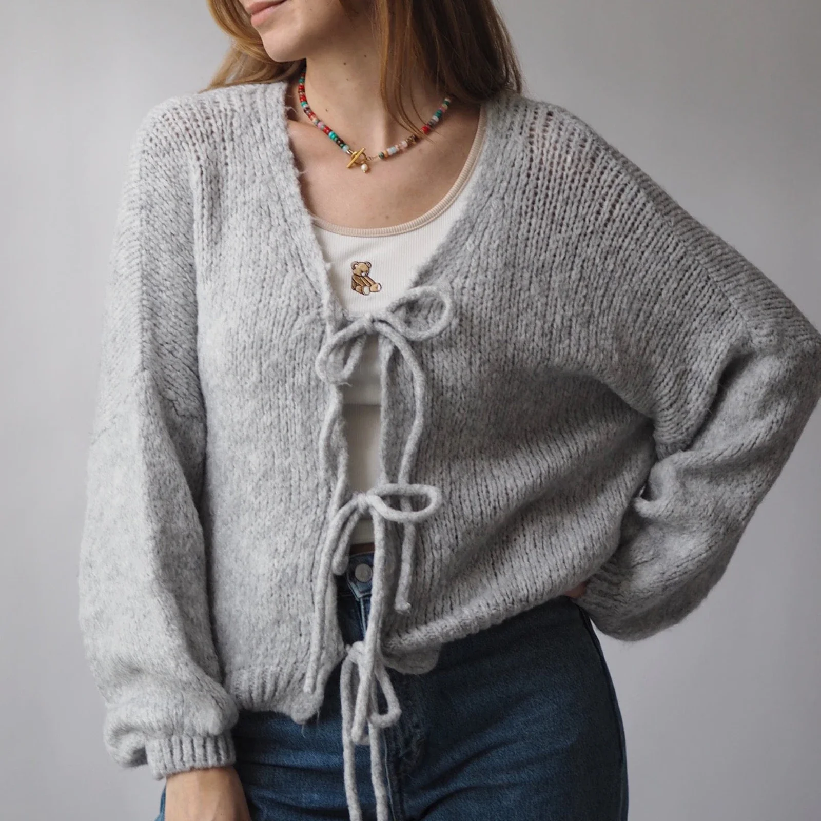 Tie-up V-neck Solid Loose Knit Cardigan - Image 3