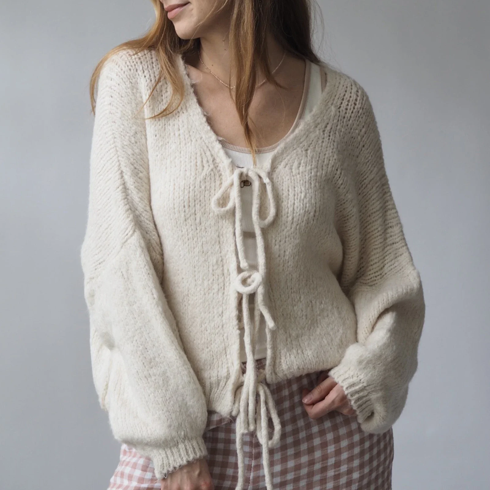Tie-up V-neck Solid Loose Knit Cardigan - Image 5