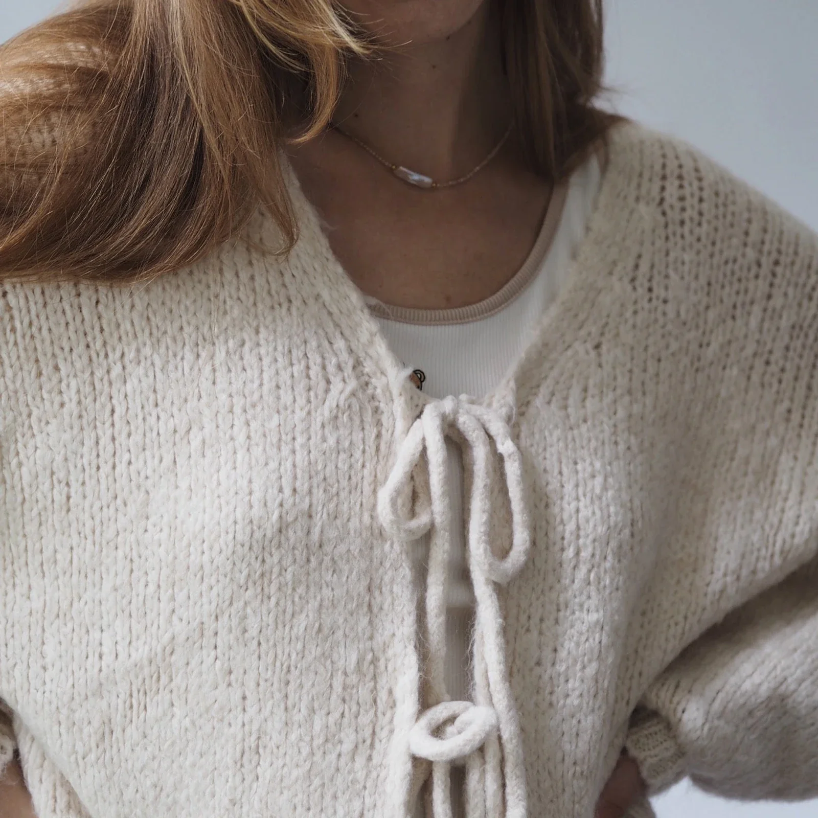 Tie-up V-neck Solid Loose Knit Cardigan - Image 6