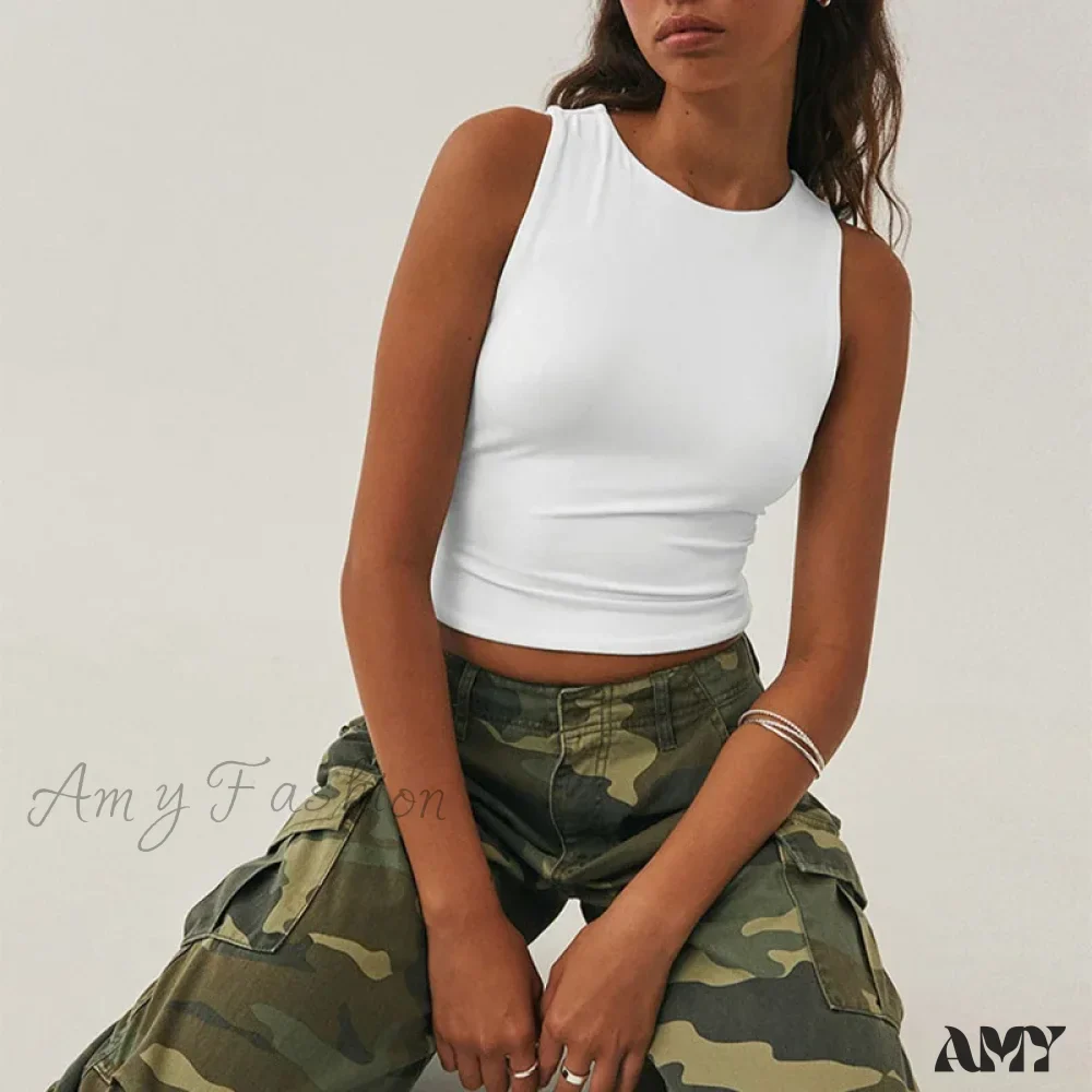Tight Bottomed Round Neck Sleeveless Racerback Crop Top - Image 3