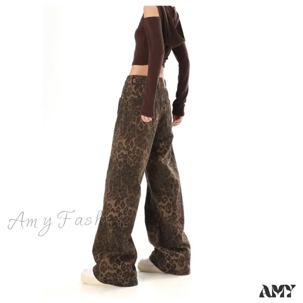 Amy Fashion - Trendy Autumnal American Retro Leopard Print Niche Design Casual Straight Wide-Leg Pants Jean - Image 2