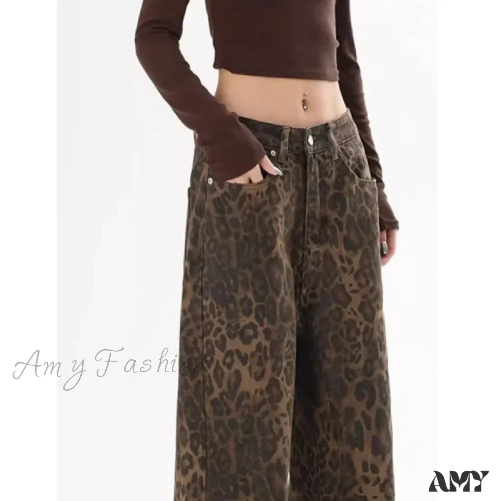 Amy Fashion - Trendy Autumnal American Retro Leopard Print Niche Design Casual Straight Wide-Leg Pants Jean - Image 3