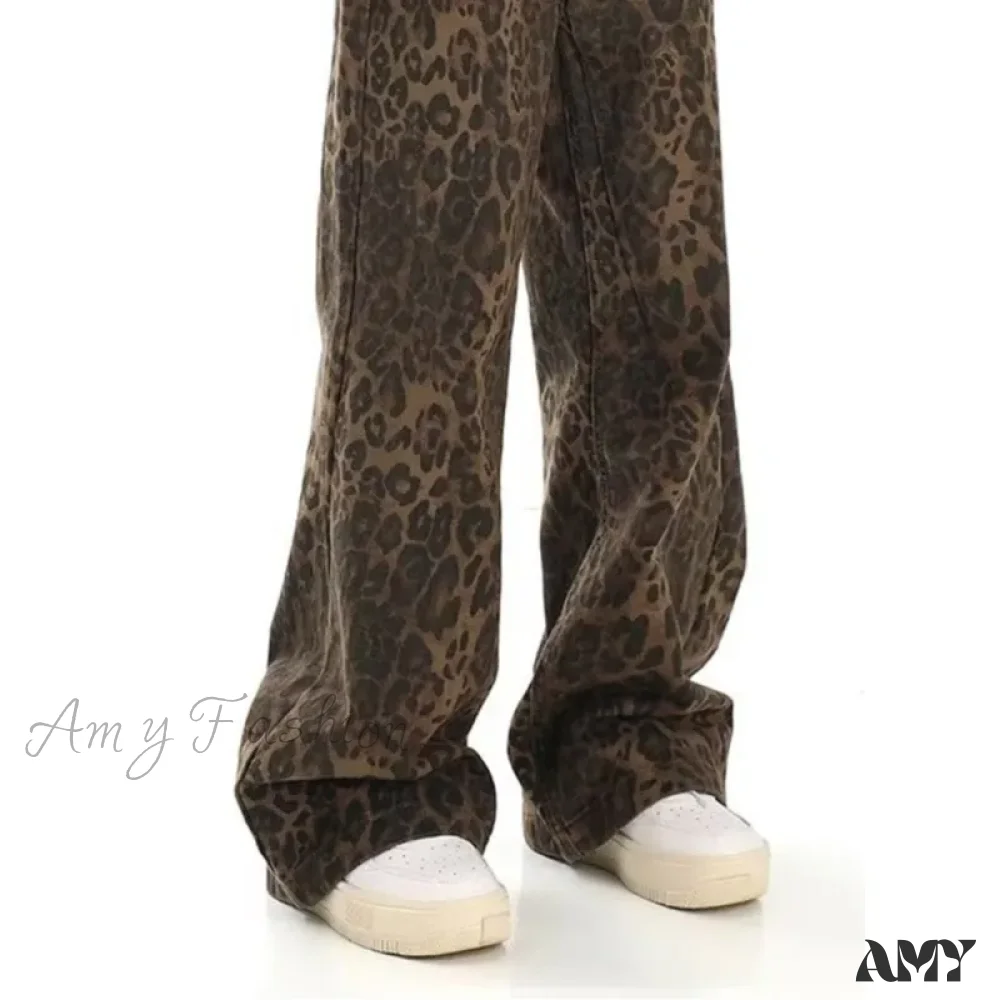 Amy Fashion - Trendy Autumnal American Retro Leopard Print Niche Design Casual Straight Wide-Leg Pants Jean - Image 4