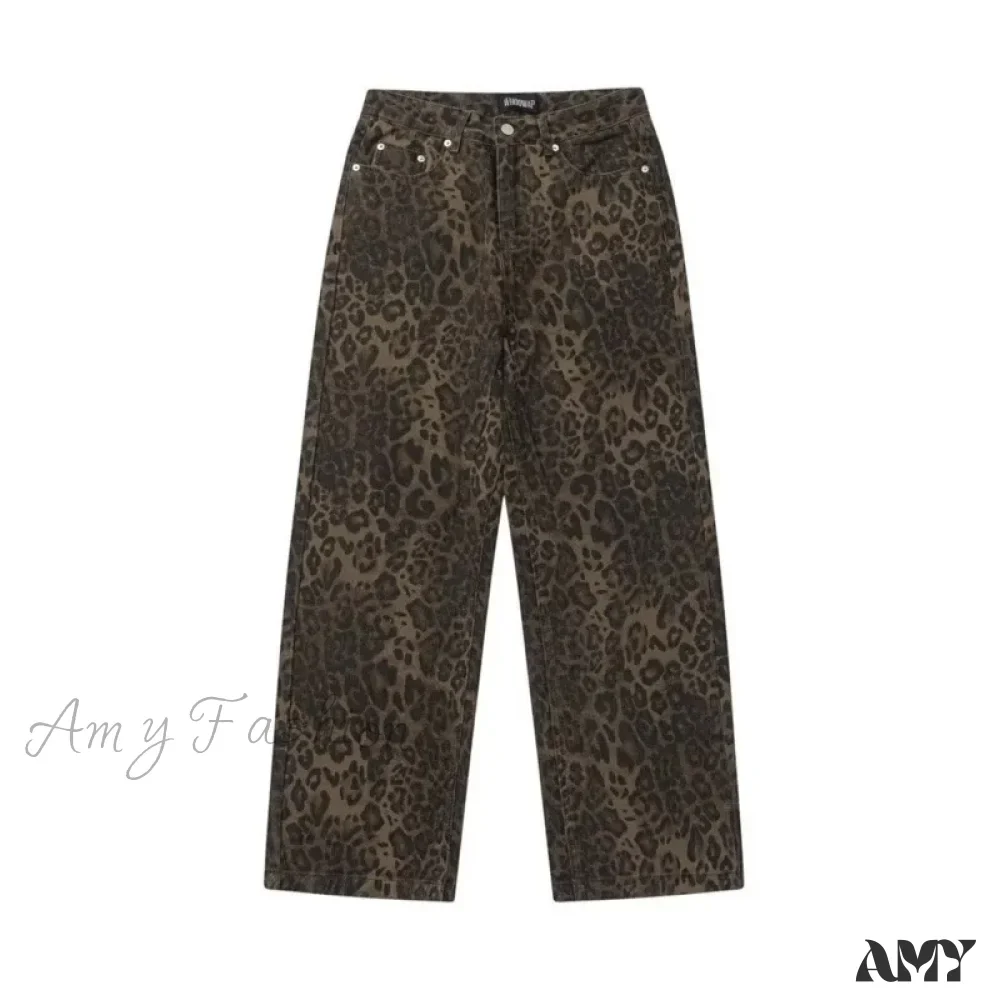 Amy Fashion - Trendy Autumnal American Retro Leopard Print Niche Design Casual Straight Wide-Leg Pants Jean - Image 5