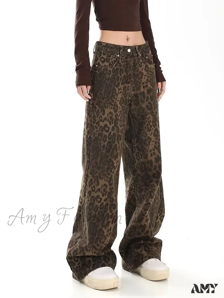 Amy Fashion - Trendy Autumnal American Retro Leopard Print Niche Design Casual Straight Wide-Leg Pants Jean - Image 6