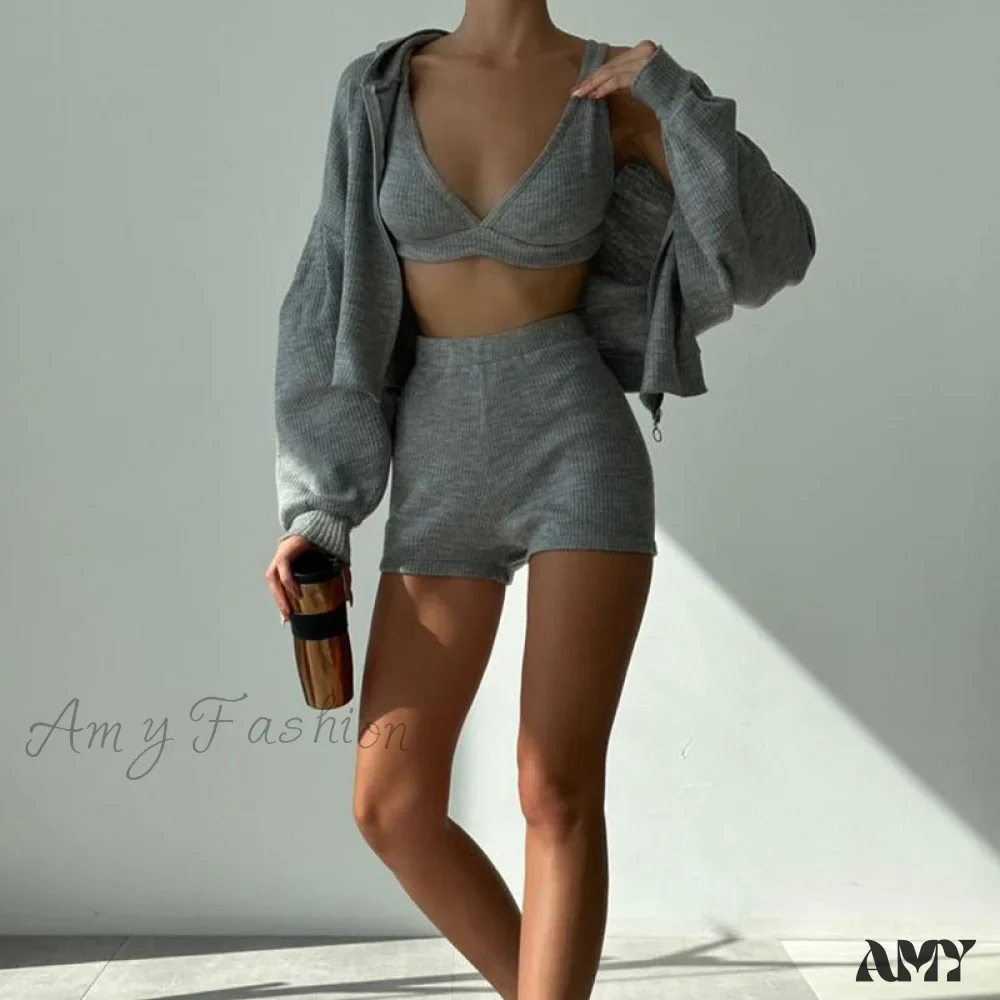 Trendy Casual Hooded Zip Shorts Three-Piece Suit - Image 4