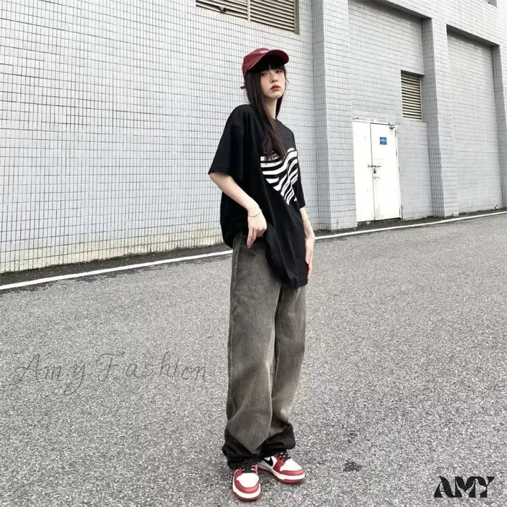 Amy Fashion - Trendy Hong Kong Style Autumn Casual Straight Leg Trendy Brand Natural Waist Jean - Image 2