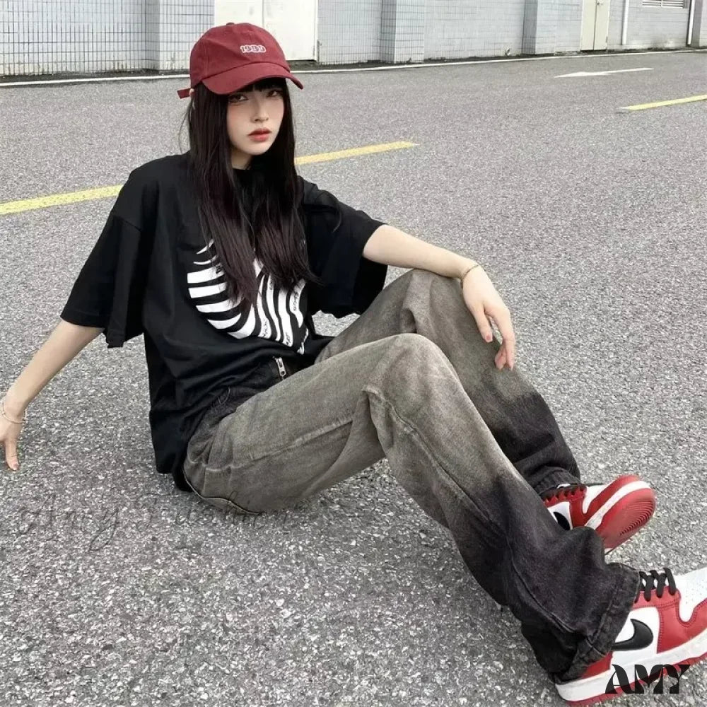 Amy Fashion - Trendy Hong Kong Style Autumn Casual Straight Leg Trendy Brand Natural Waist Jean - Image 3