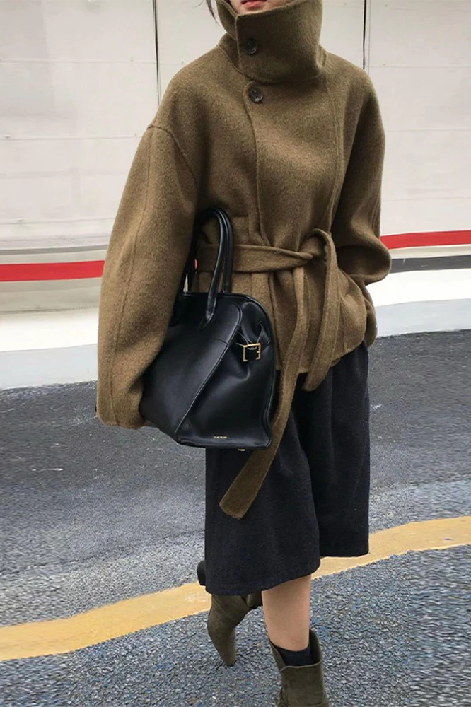 Turtleneck Loose Double-Faced Wool Tie Waist Retro Coat