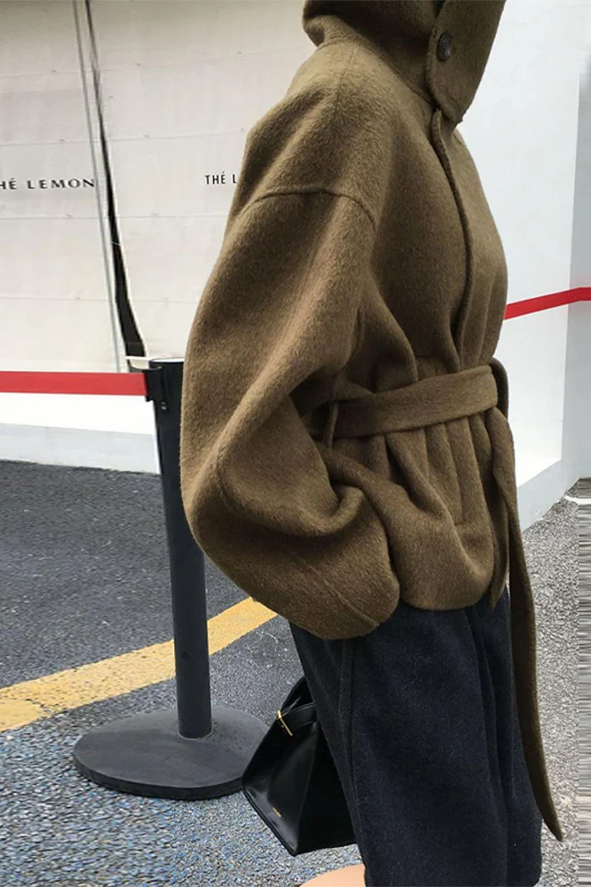 Turtleneck Loose Double-Faced Wool Tie Waist Retro Coat - Image 2