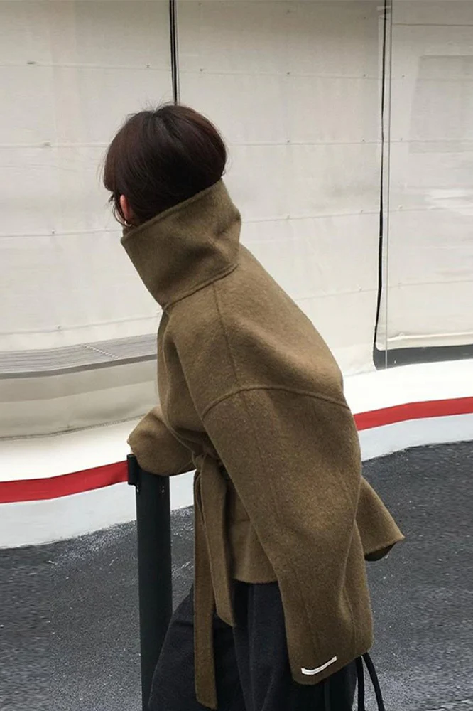 Turtleneck Loose Double-Faced Wool Tie Waist Retro Coat - Image 3