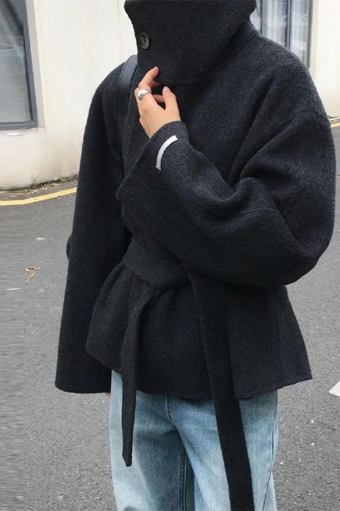 Turtleneck Loose Double-Faced Wool Tie Waist Retro Coat - Image 4