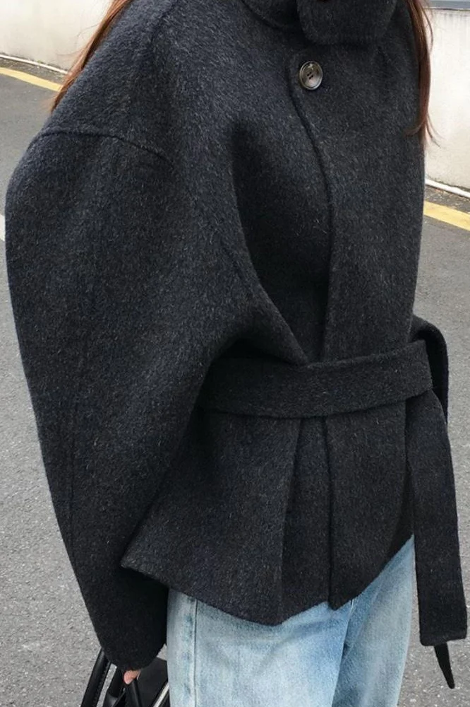 Turtleneck Loose Double-Faced Wool Tie Waist Retro Coat - Image 5