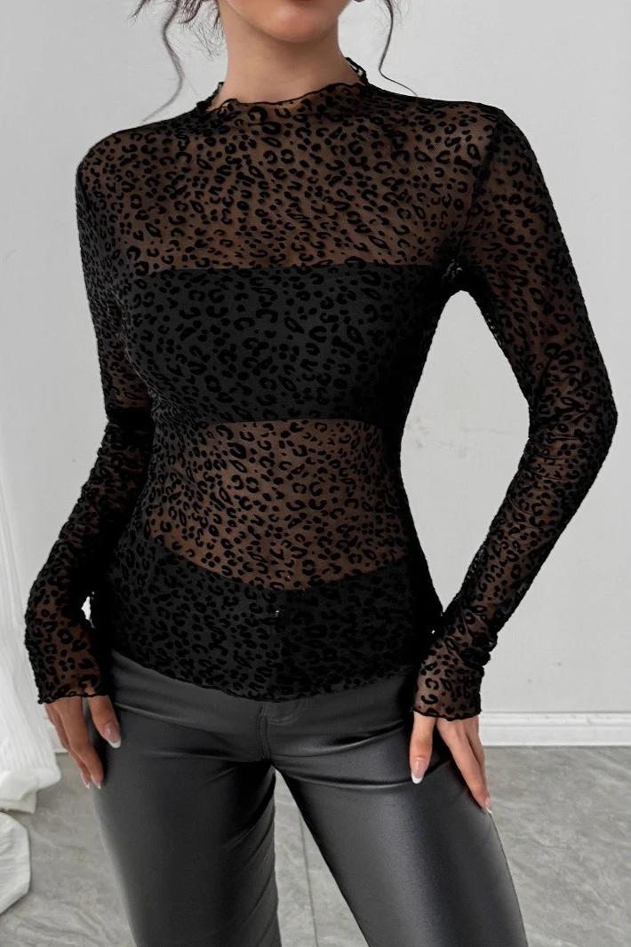 Turtleneck Slim-Fit Mesh Long-Sleeve Blouse - Image 2