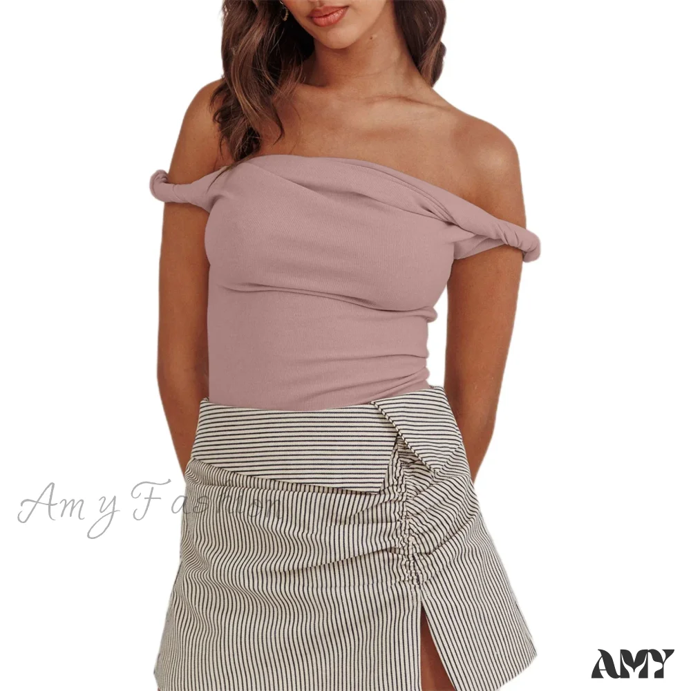 Twisted Off Shoulder Cotton Solid Color Elegant Slim Fit Crop Top - Image 11