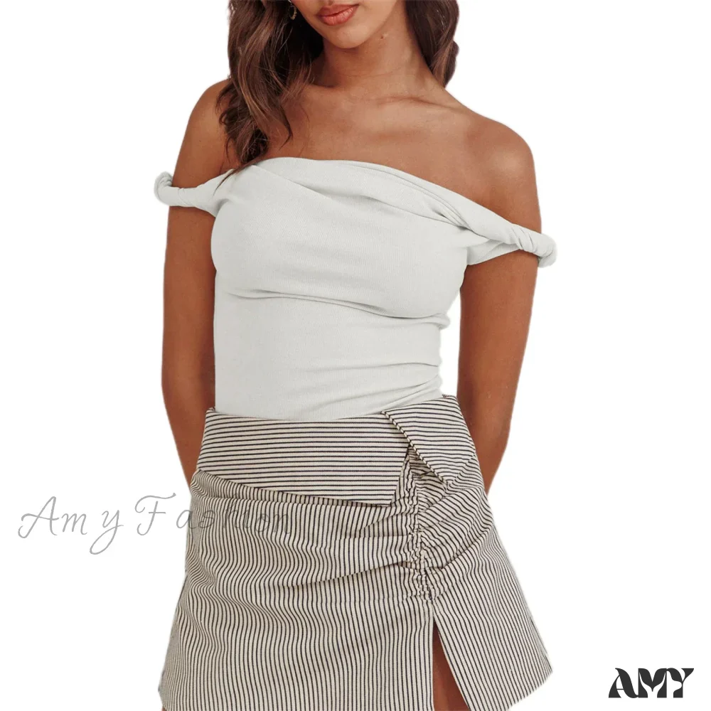 Twisted Off Shoulder Cotton Solid Color Elegant Slim Fit Crop Top - Image 12