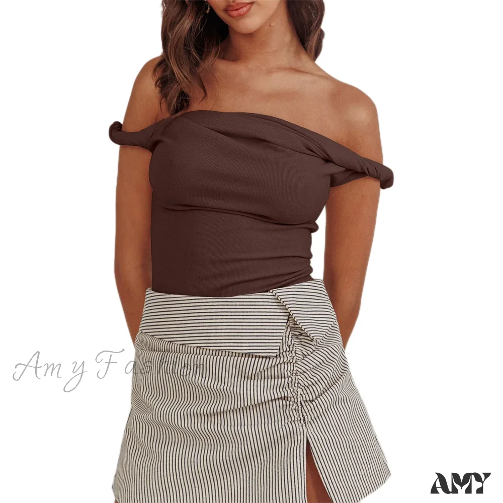 Twisted Off Shoulder Cotton Solid Color Elegant Slim Fit Crop Top - Image 13