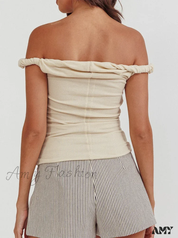 Twisted Off Shoulder Cotton Solid Color Elegant Slim Fit Crop Top - Image 2