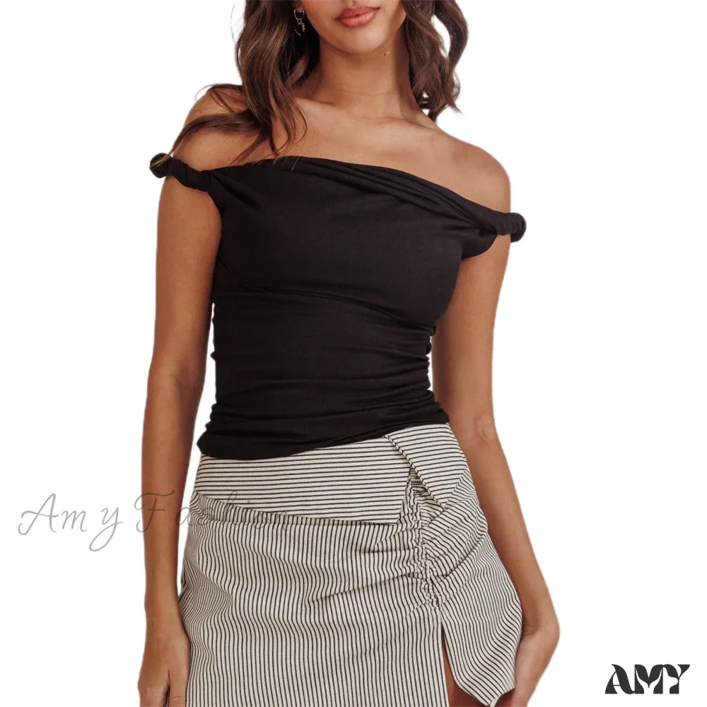 Twisted Off Shoulder Cotton Solid Color Elegant Slim Fit Crop Top - Image 7