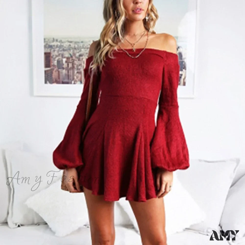 Amy Fashion - Off Shoulder Long Sleeve Slash Neck Sexy Mini Dress - Image 4