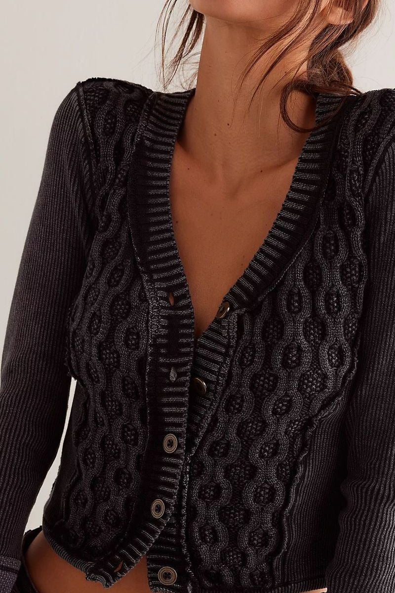 V Neck Chunky Cable Button Embroidered Cardigan - Image 4