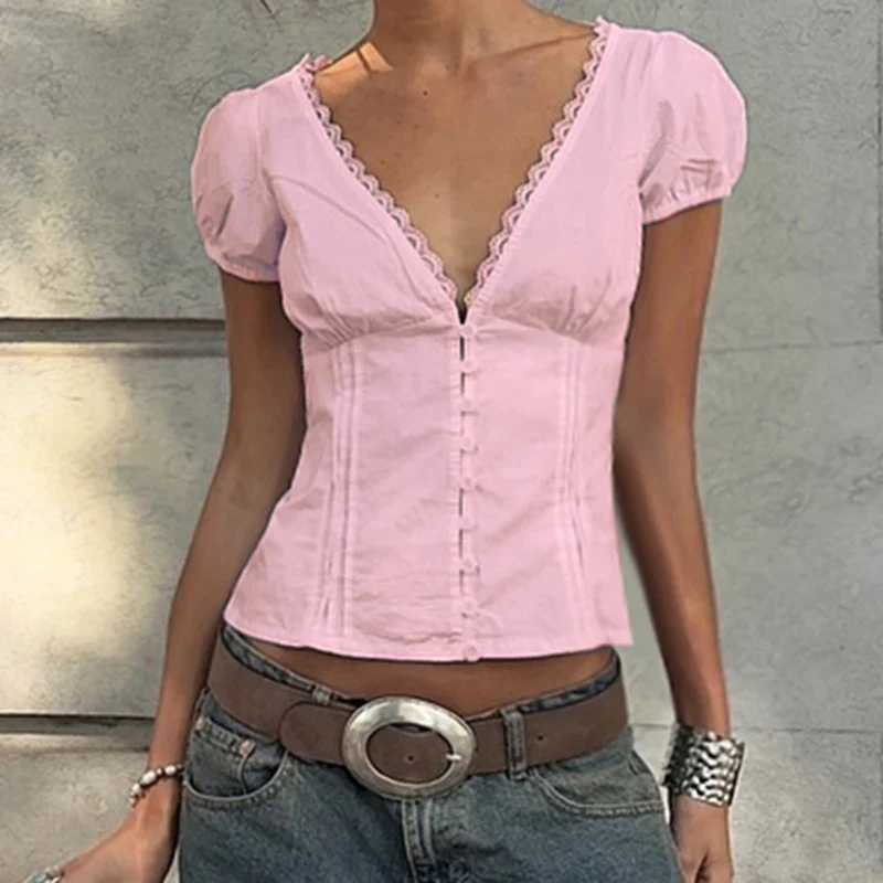 V-neck Lace Patchwork Blouse - Image 4