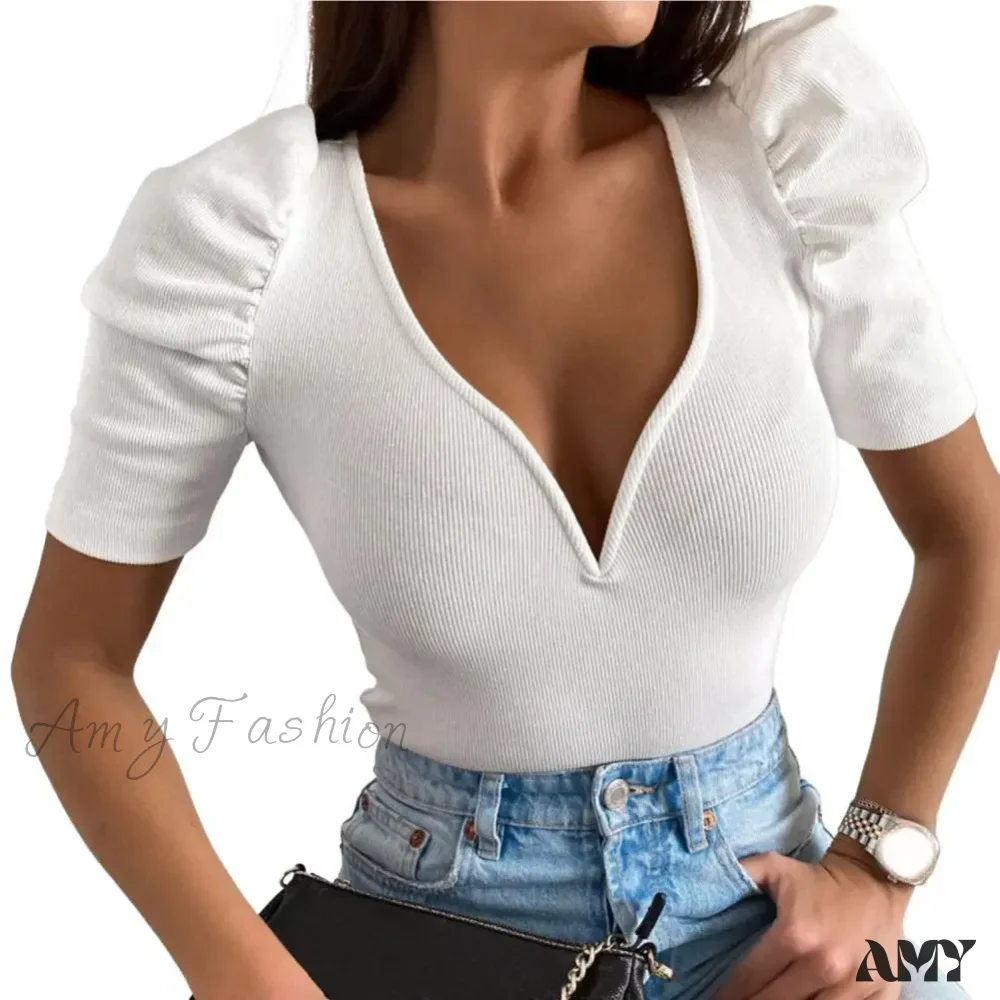 V-neck Ribbed Bodycon Puff Short Sleeve Slim Top Blouse - Image 6
