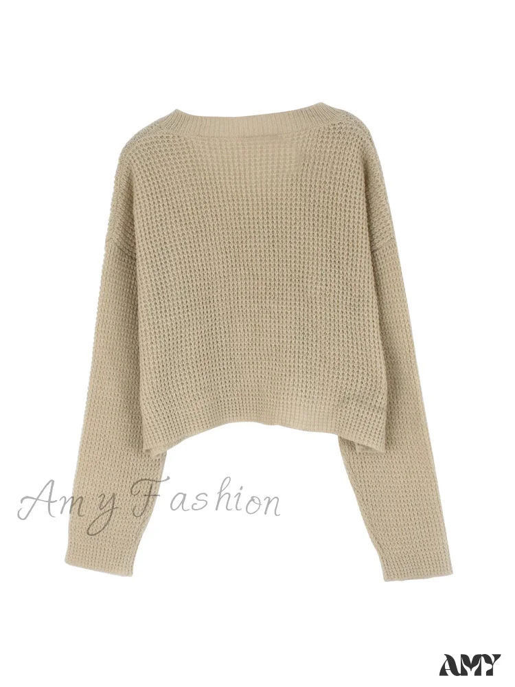 V-neck Short-Style Waffle Crop Top Fashion Spring Autumn Sweater - Image 2
