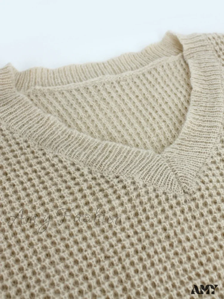 V-neck Short-Style Waffle Crop Top Fashion Spring Autumn Sweater - Image 3