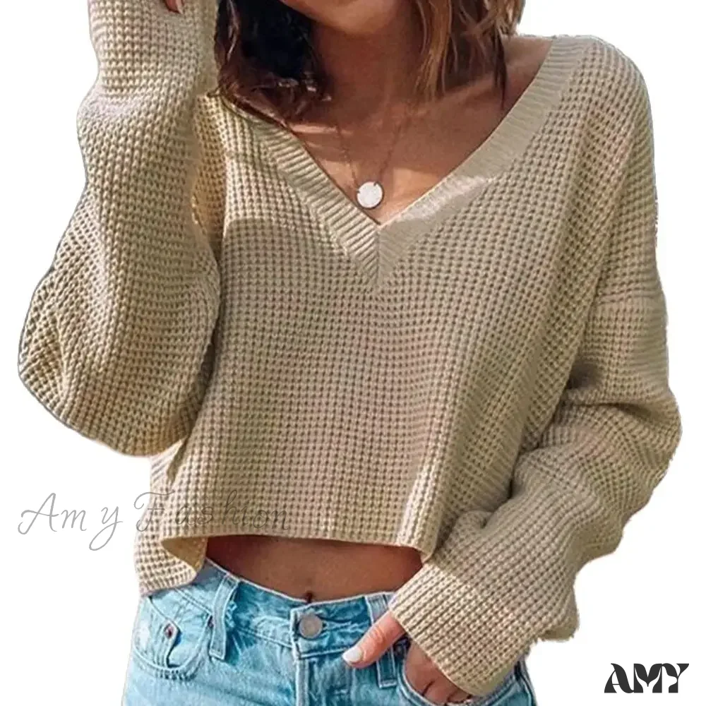 V-neck Short-Style Waffle Crop Top Fashion Spring Autumn Sweater - Image 6