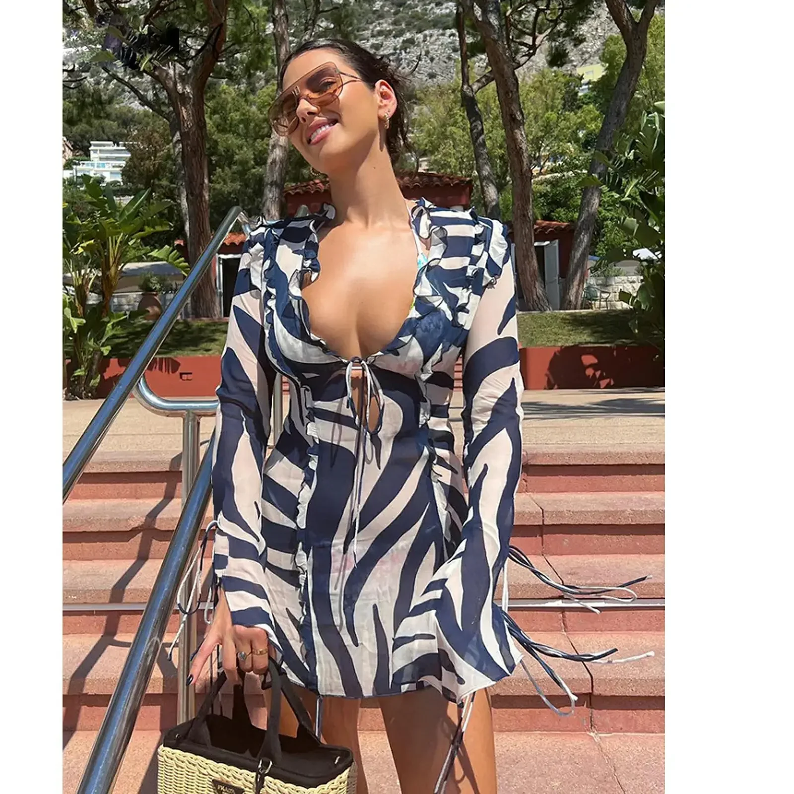 V Neck Zebra Print Ruffled Bodycon Dress - Image 2