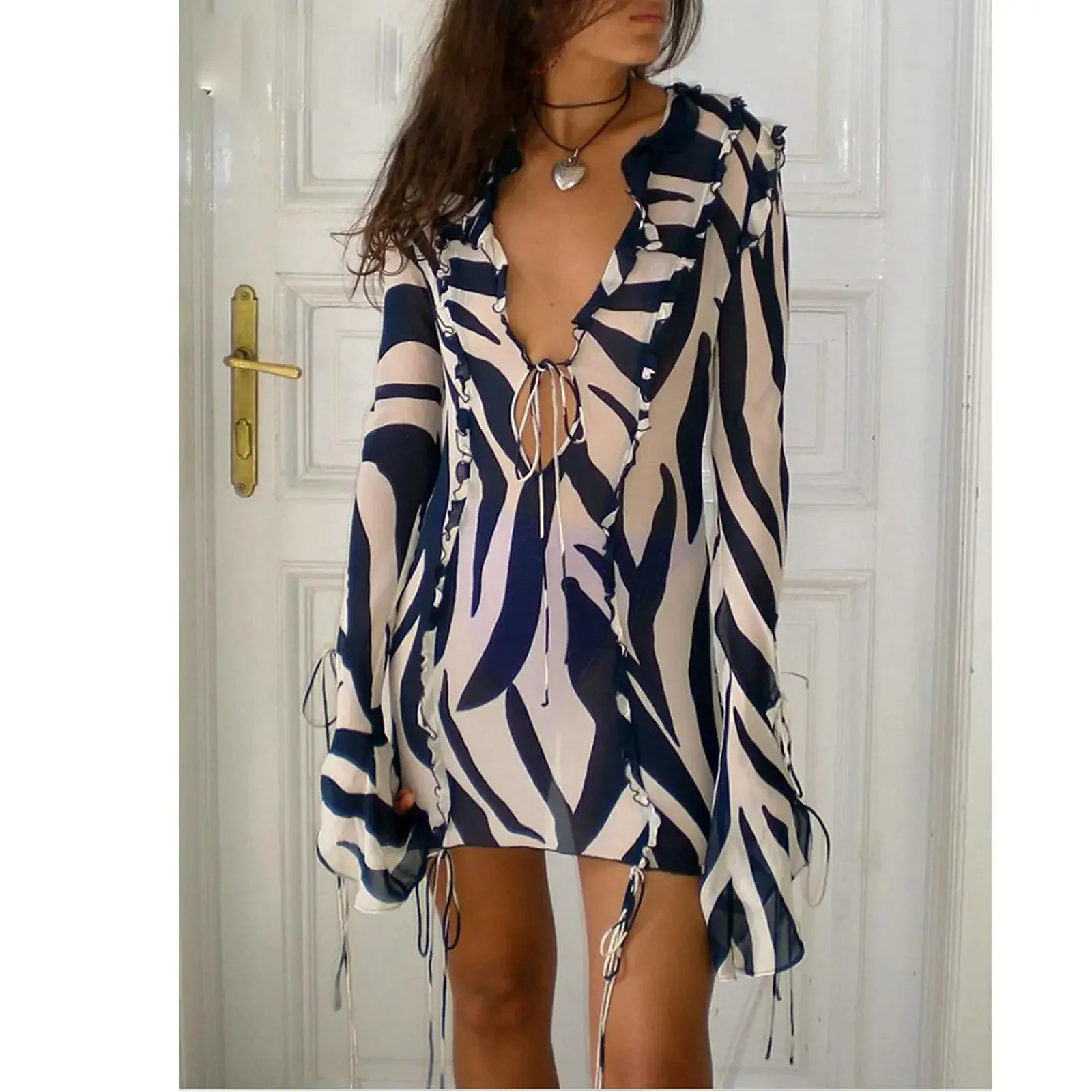 V Neck Zebra Print Ruffled Bodycon Dress - Image 3