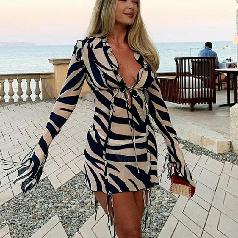 V Neck Zebra Print Ruffled Bodycon Dress - Image 5