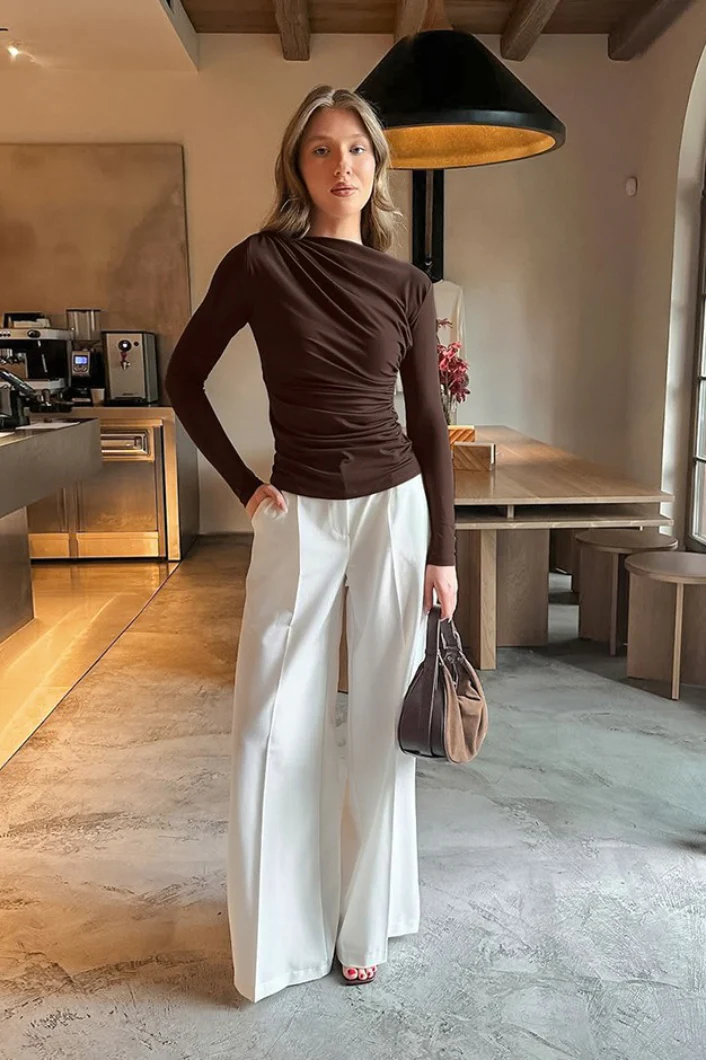 Vintage Brown Crew Neck Slim Waist Long Sleeve Base Layer - Image 5