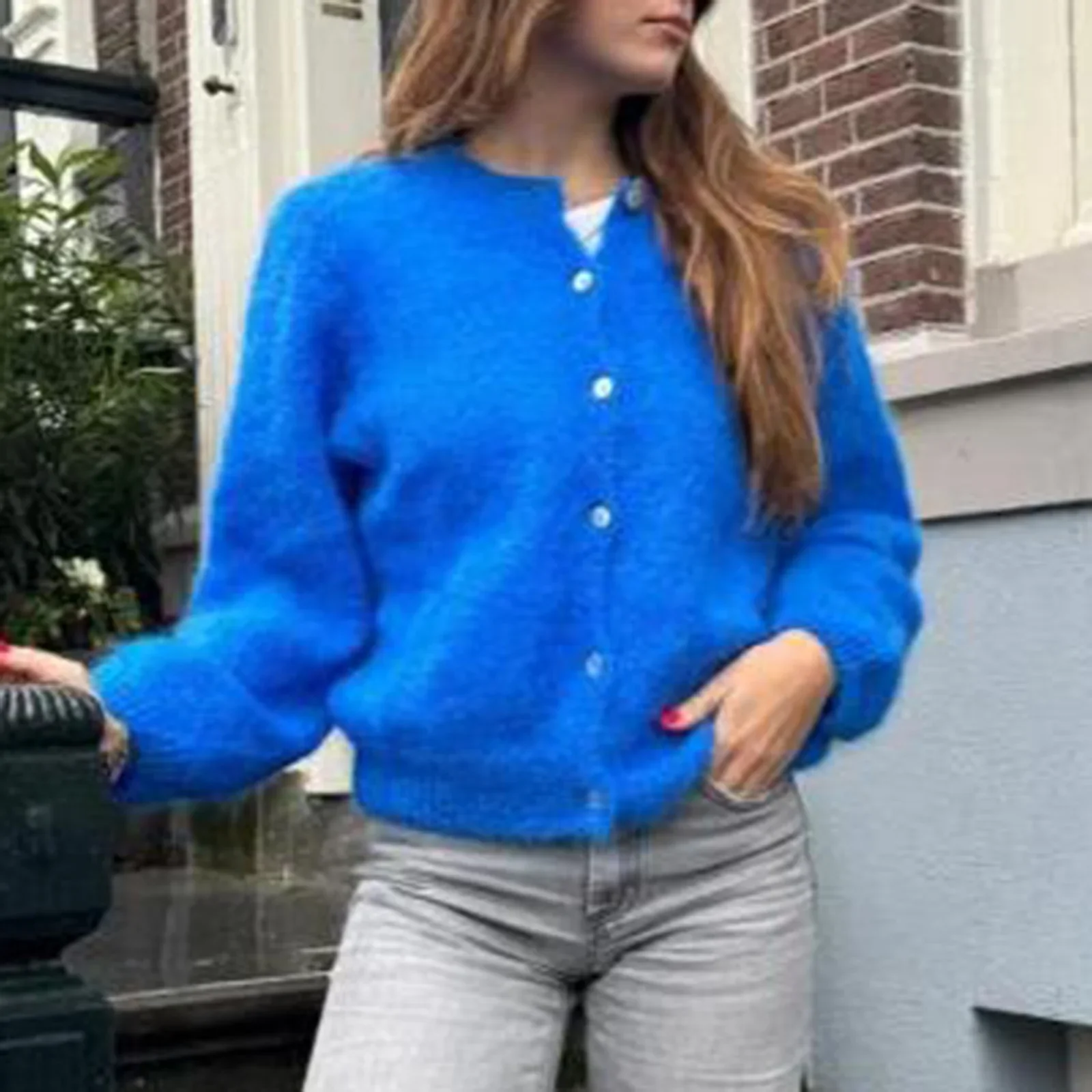 Vintage Crop Button Solid Knit Cardigan - Image 4
