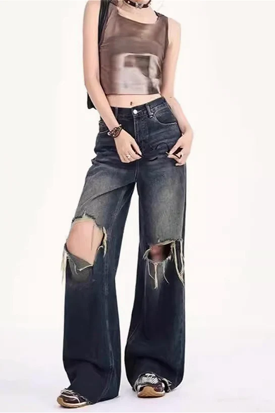 Vintage Distressed Raw Hem Low-Rise Wide-Leg Jeans - Image 2