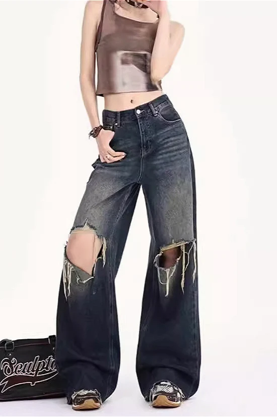 Vintage Distressed Raw Hem Low-Rise Wide-Leg Jeans - Image 3