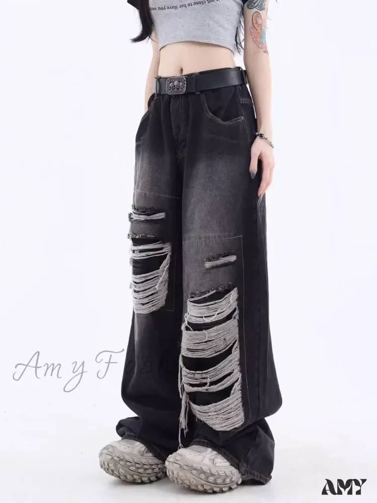Amy Fashion - Vintage Distressed Washed Summer Loose Fitting Wide Leg Straight Tube Trendy Street Women's Jean - Image 2