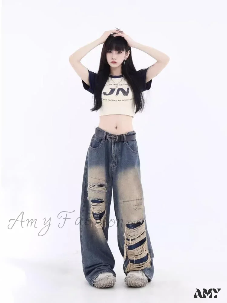 Amy Fashion - Vintage Distressed Washed Summer Loose Fitting Wide Leg Straight Tube Trendy Street Women's Jean - Image 4